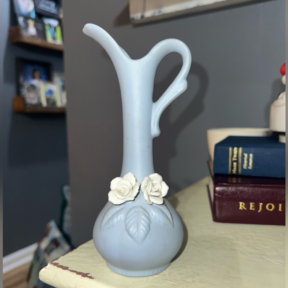 Charming Light Blue Vase with White Rose Details